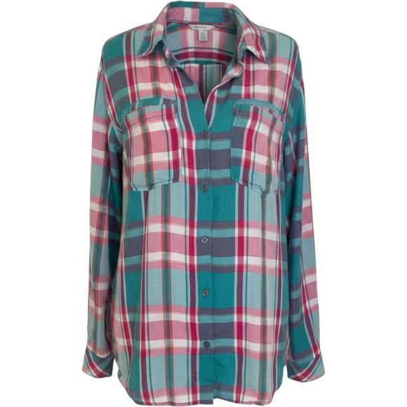 Kut from the Kloth Tops - Kut from the Kloth Caillen Flannel Relaxed Button Down Top Pink Aqua Plaid XL